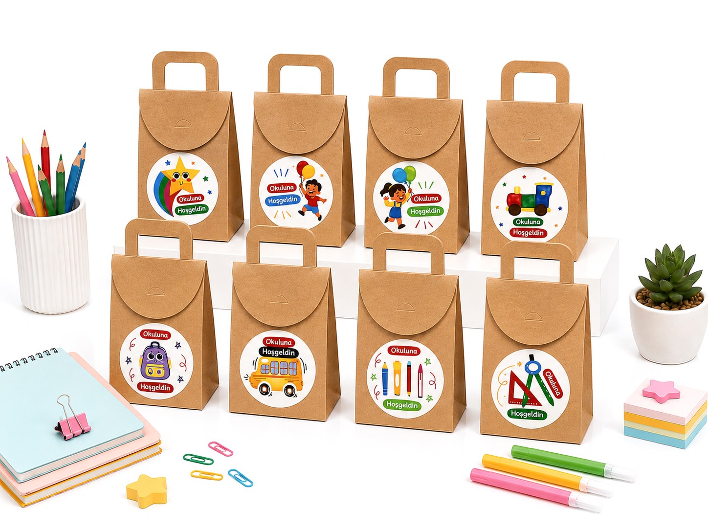 10x15 cm Kraft Karton Hediye Kutusu Okuluna Hoşgeldin Etiketli 20 Adet