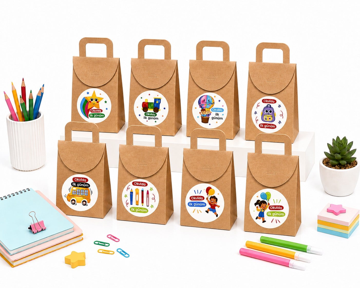 10x15 cm Kraft Karton Hediye Kutusu Okulda İlk Günüm Etiketli 20 Adet