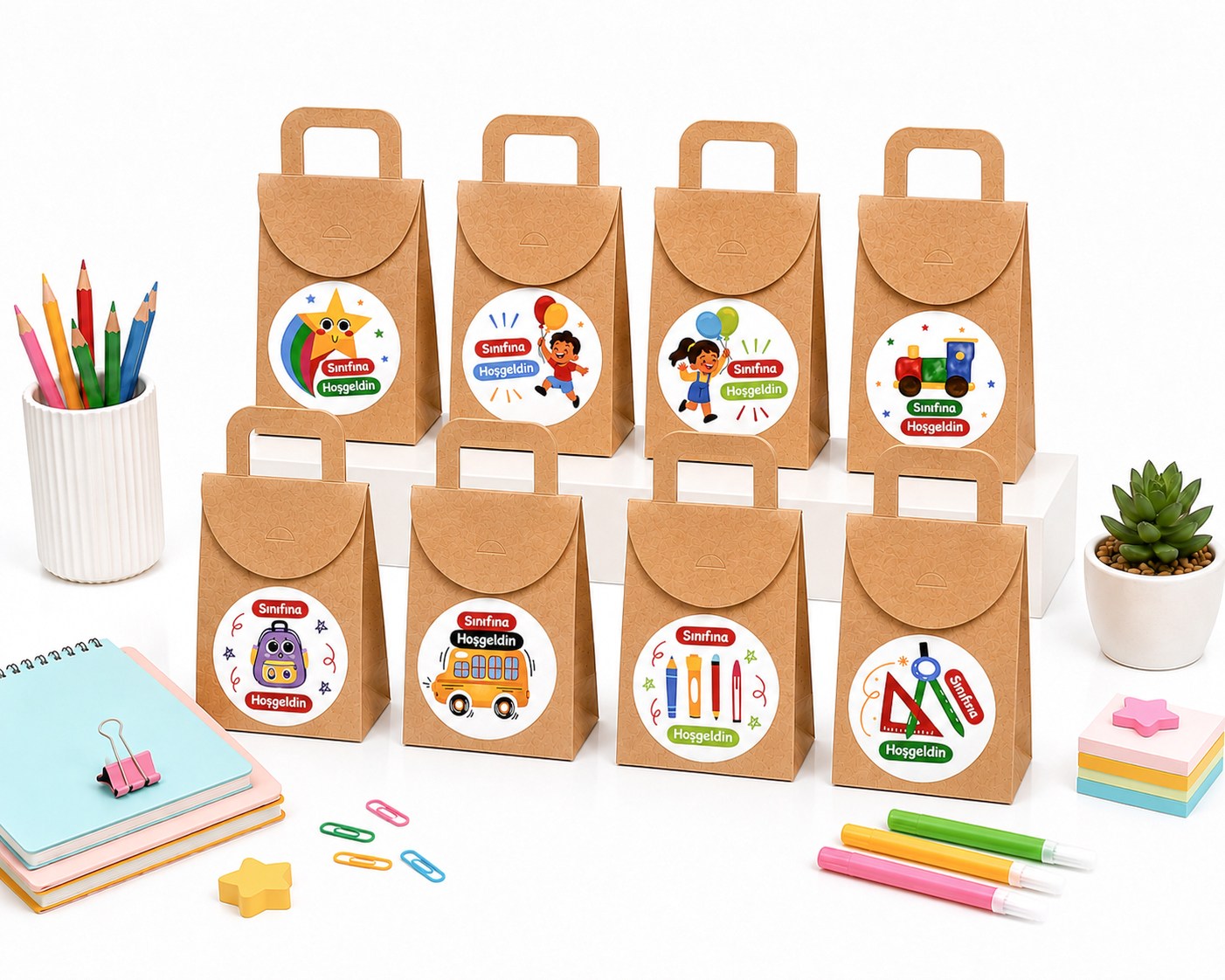 10x15 cm Kraft Karton Hediye Kutusu Sınıfına Hoşgeldin Etiketli 20 Adet