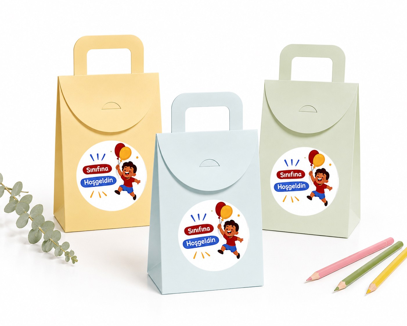 10x15 cm Renkli Karton Hediye Kutusu Sınıfına Hoşgeldin Etiketli 15'li Set