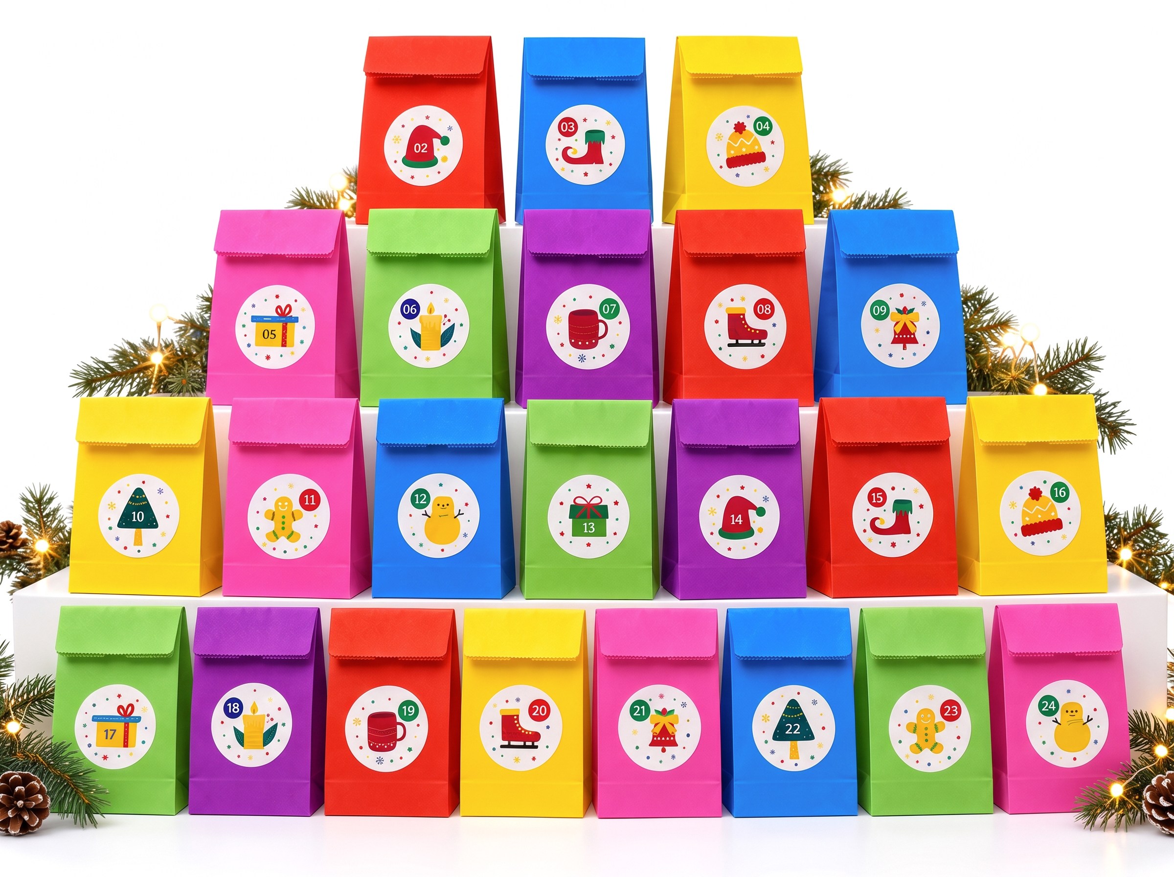Advent Calendar Kese Kâğıdı 24'lü Set – 15x29 cm Numaralı Yılbaşı Hediye Kesesi