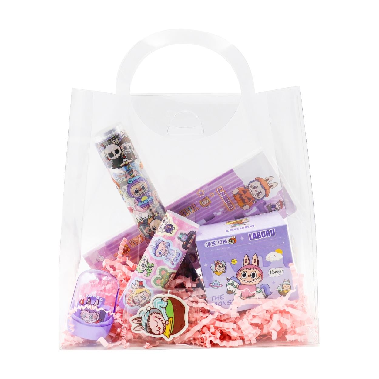 Labubu Hediyelik Kırtasiye Seti – Sticker, Etiket, Sticky Notes, Silgi, Kalemtıraş (Asetat Çantalı)
