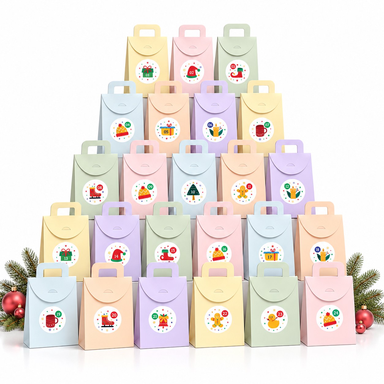 repro design Advent Calendar 24'lü Renkli Boş Hediye Kutusu Seti, 10x15 cm, Numaralı Etiketli Yılbaşı Takvimi