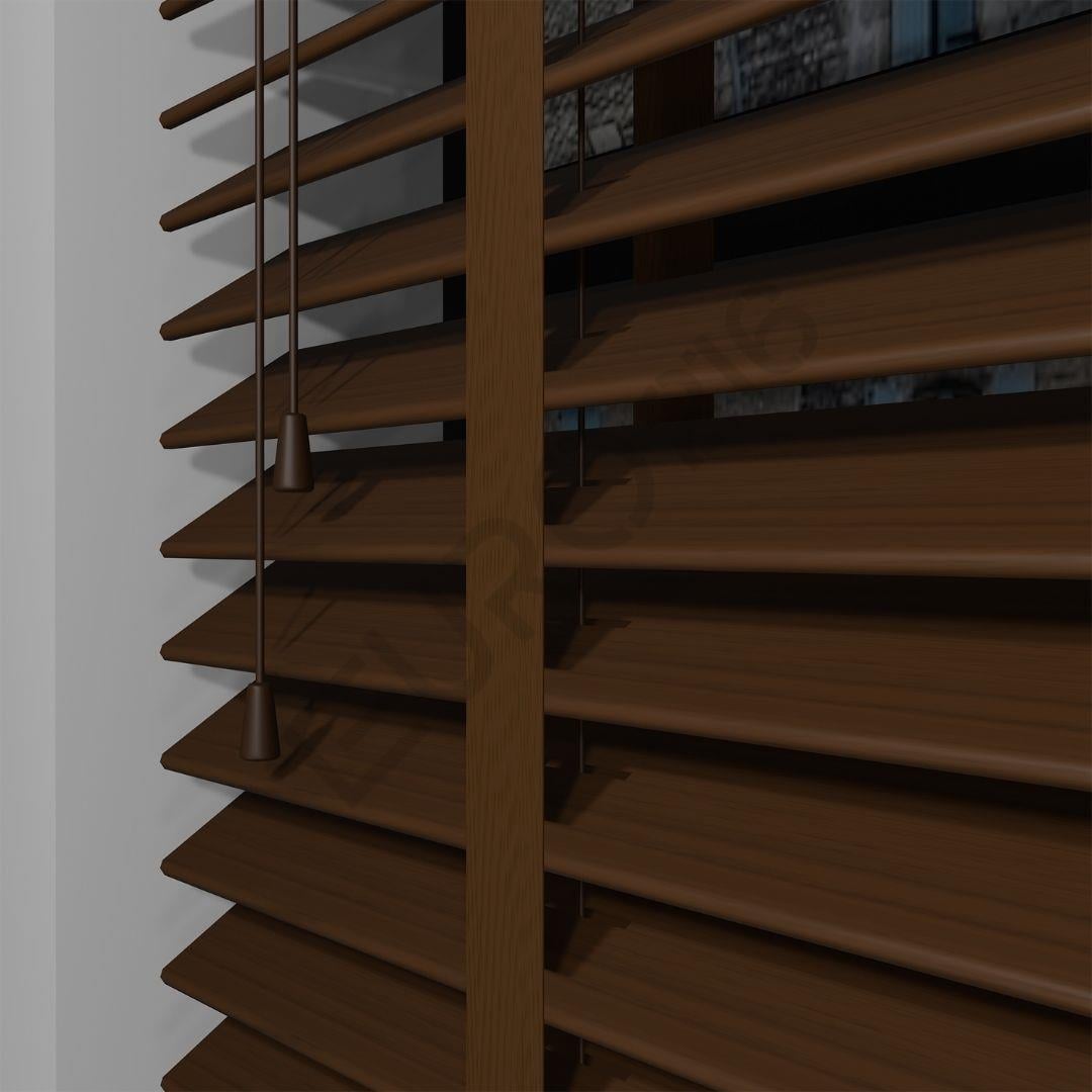 Ahşap Jaluzi Perde Manuel İp Kontrollü 50 mm %100 Orjinal Ahşap Kurdeleli CEVİZ Renk