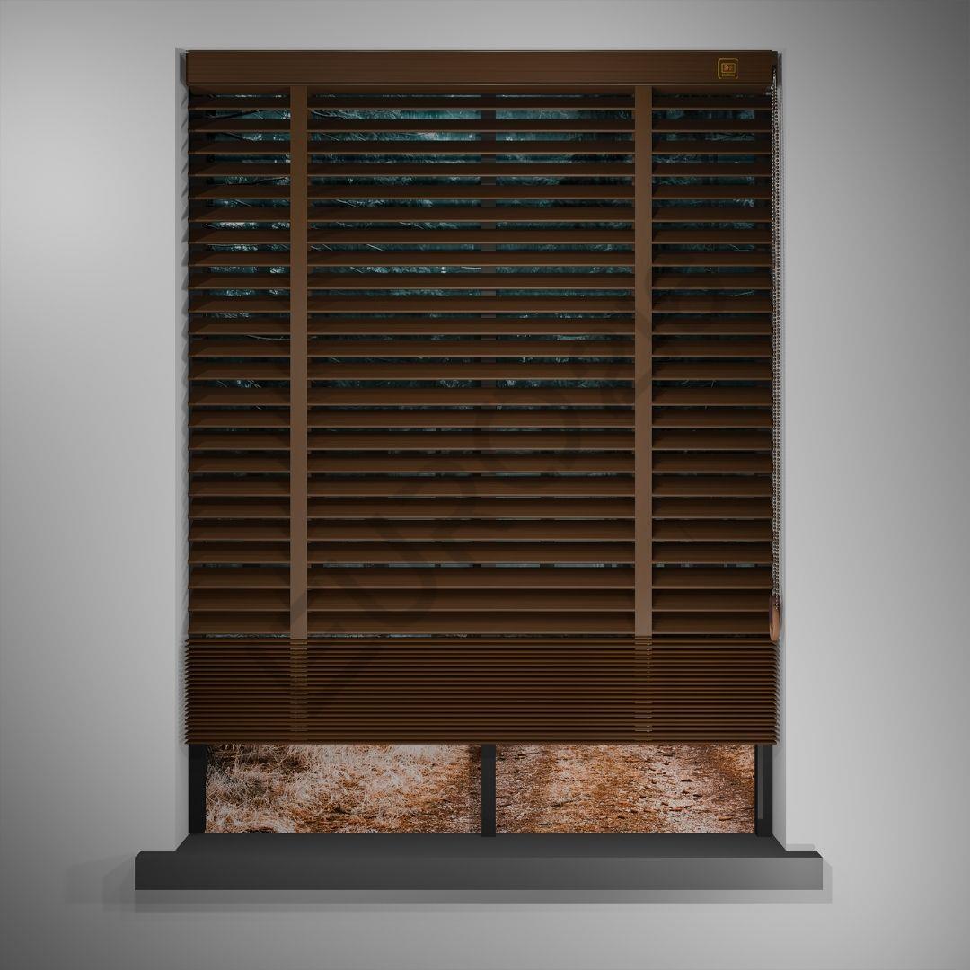 REDÜKTÖRLÜ / Zincirli Ahşap Jaluzi Perde 50 mm %100 Orjinal Ahşap Kurdeleli CEVİZ Renk