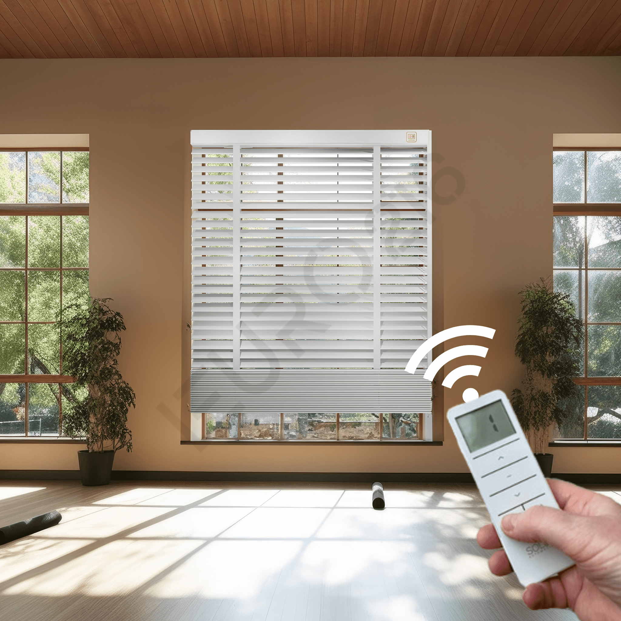 MOTORLU Ahşap Jaluzi Perde 50 mm %100 Orjinal Ahşap Kurdeleli BEYAZ Renk