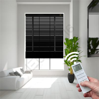 MOTORLU Ahşap Jaluzi Perde 50 mm %100 Orjinal Ahşap Kurdeleli SİYAH Renk