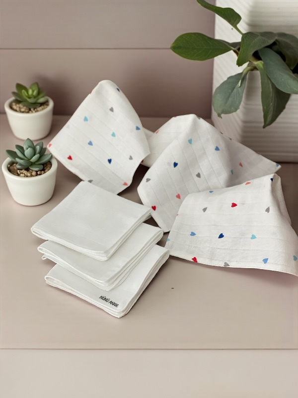 Çift Katlı Müslin Bebek Ağız Mendili, 6'lı , %100 Pamuklu Müslin, Çift Kat, 30X30 cm