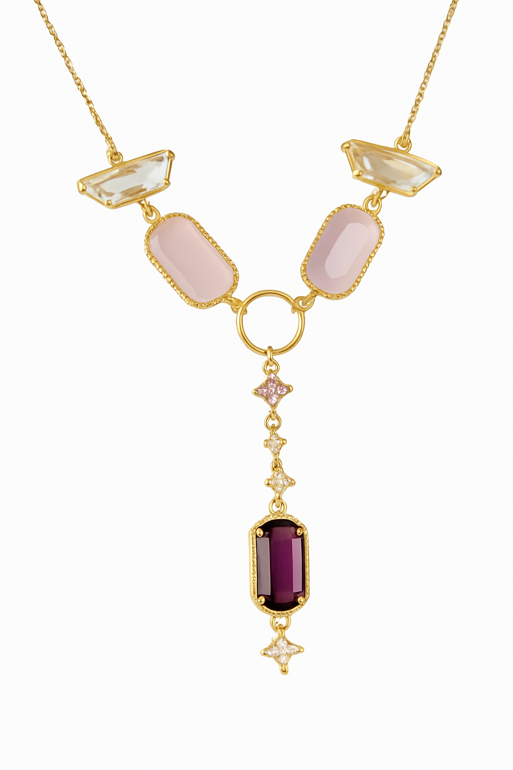 Çelik Pembe Taşlı Y Kolye