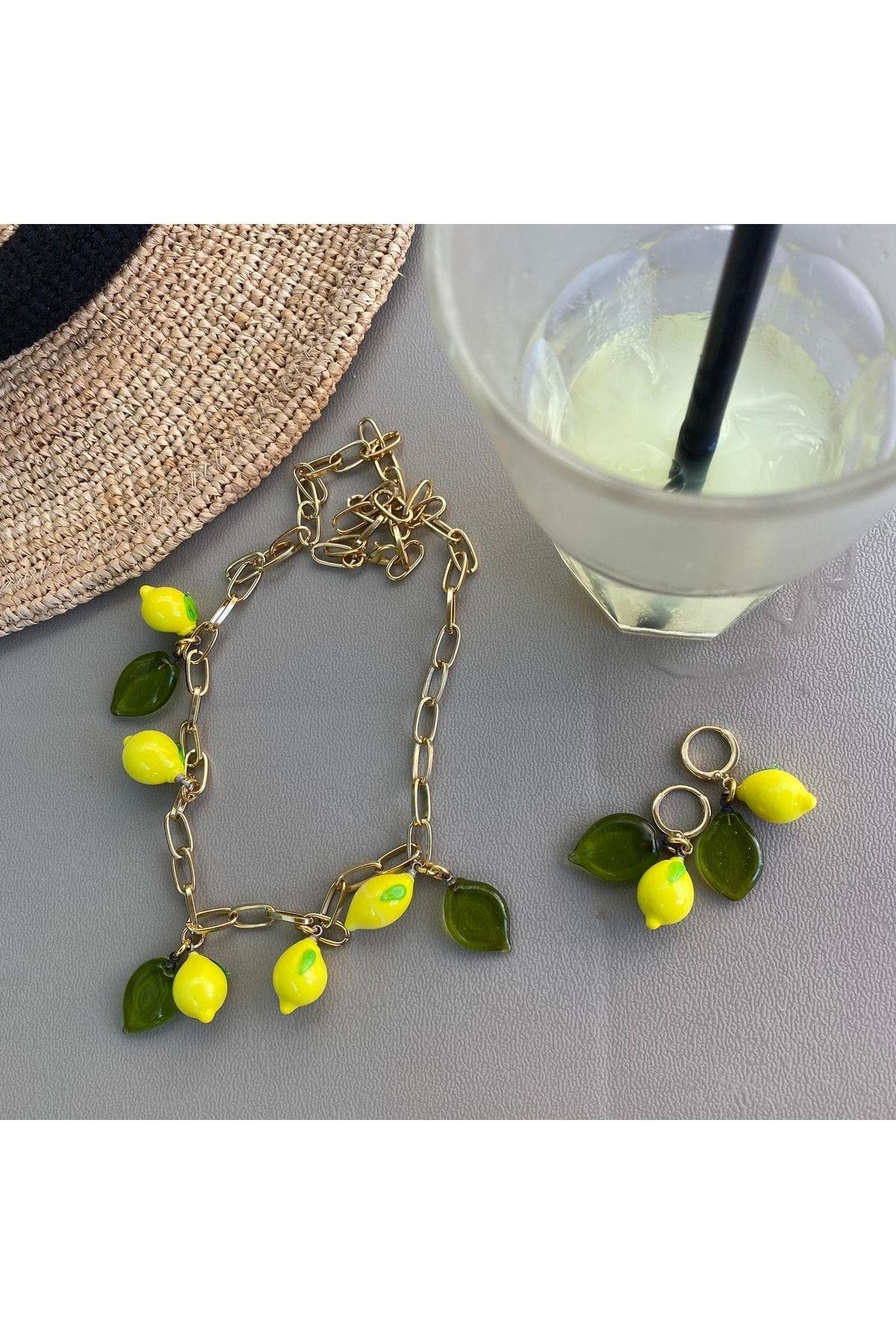 Murano Limon Yaprak Kolye Küpe Seti