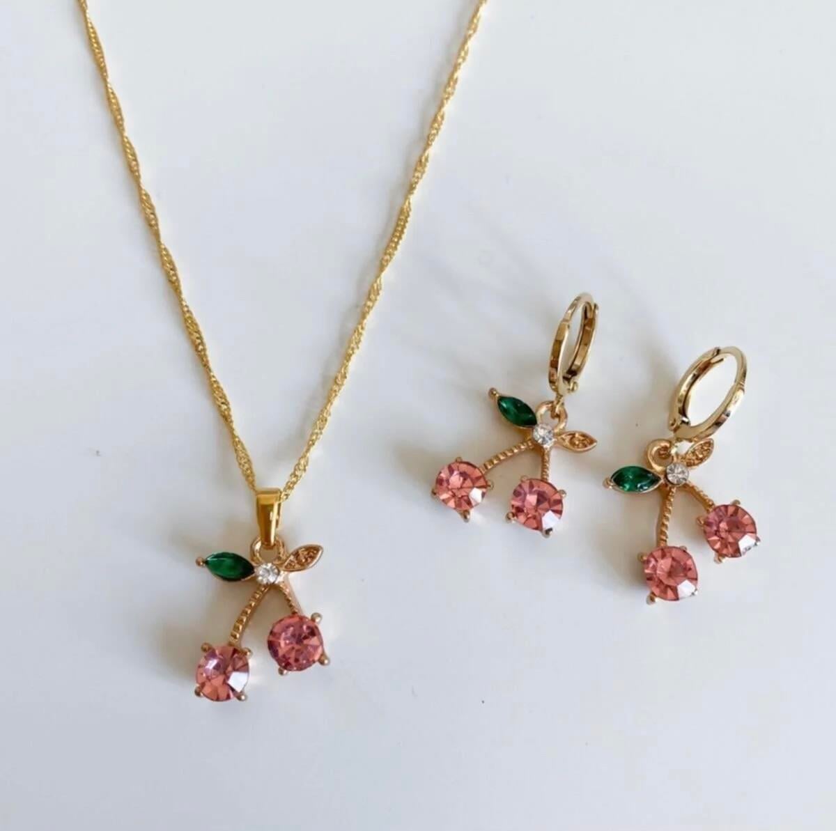 Pembe Kiraz Kolye-Küpe Set