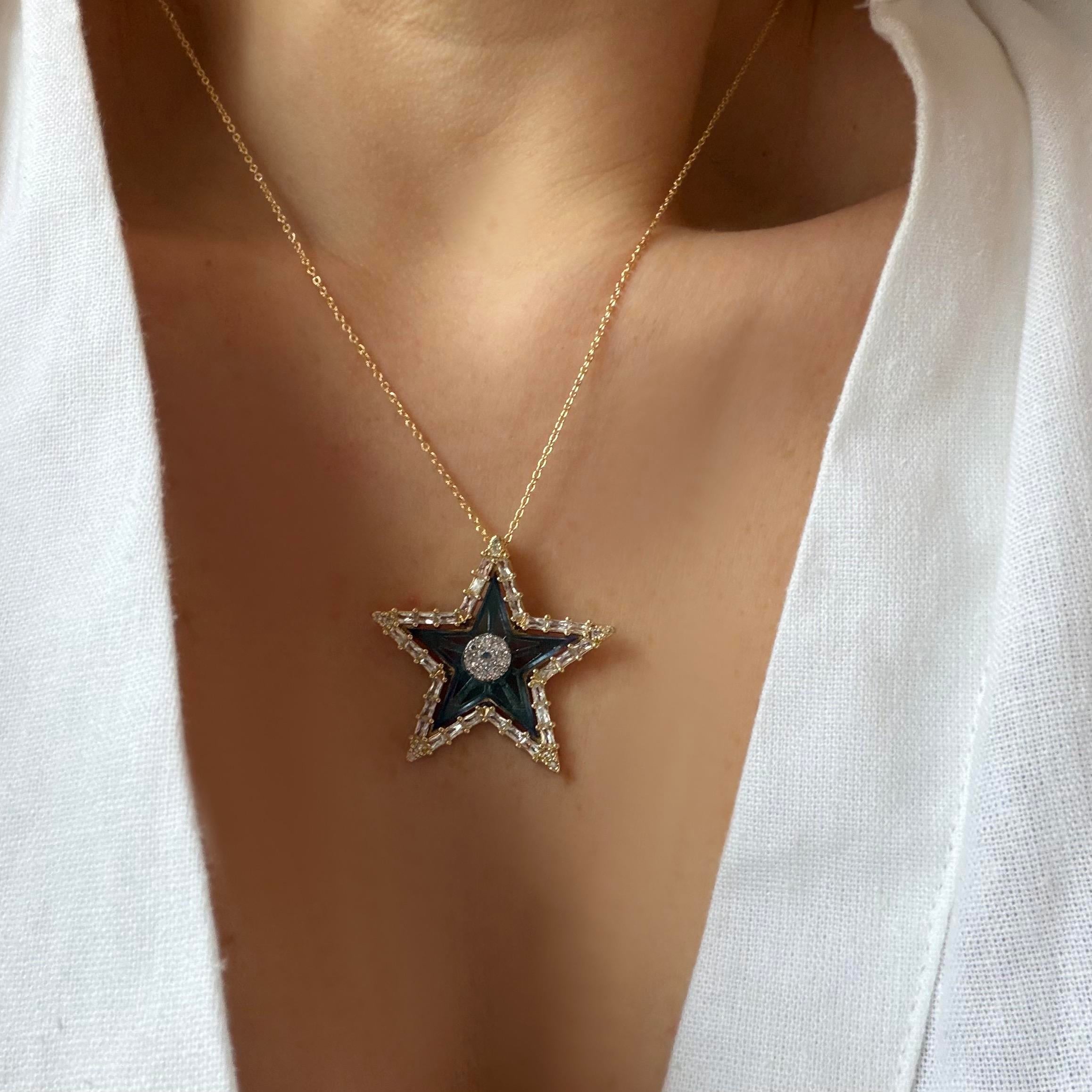 Çelik Kristal Taşlı Yıldız Kolye
