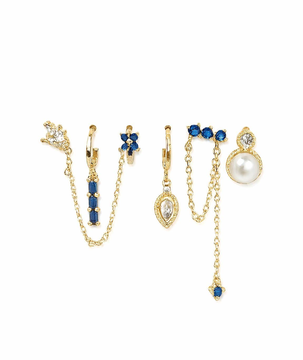 Çelik Mavi Taş 6lı Set Küpe