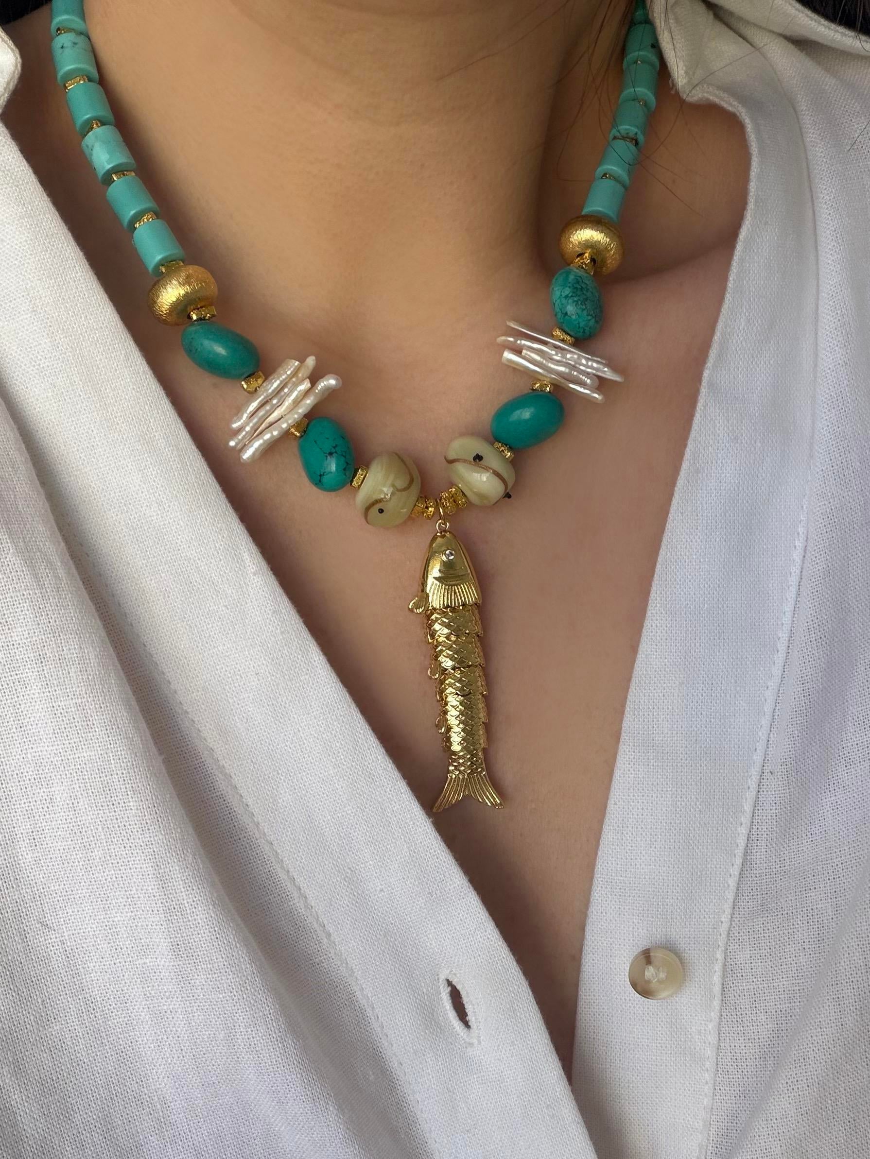 Çelik Turkuaz Taşı İnci Balık Kolye