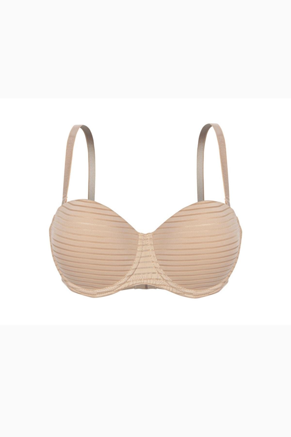 Çizgili Kumaş Straplez Sütyen - Push Up, Dolgulu - 2512 - Açık Kahve