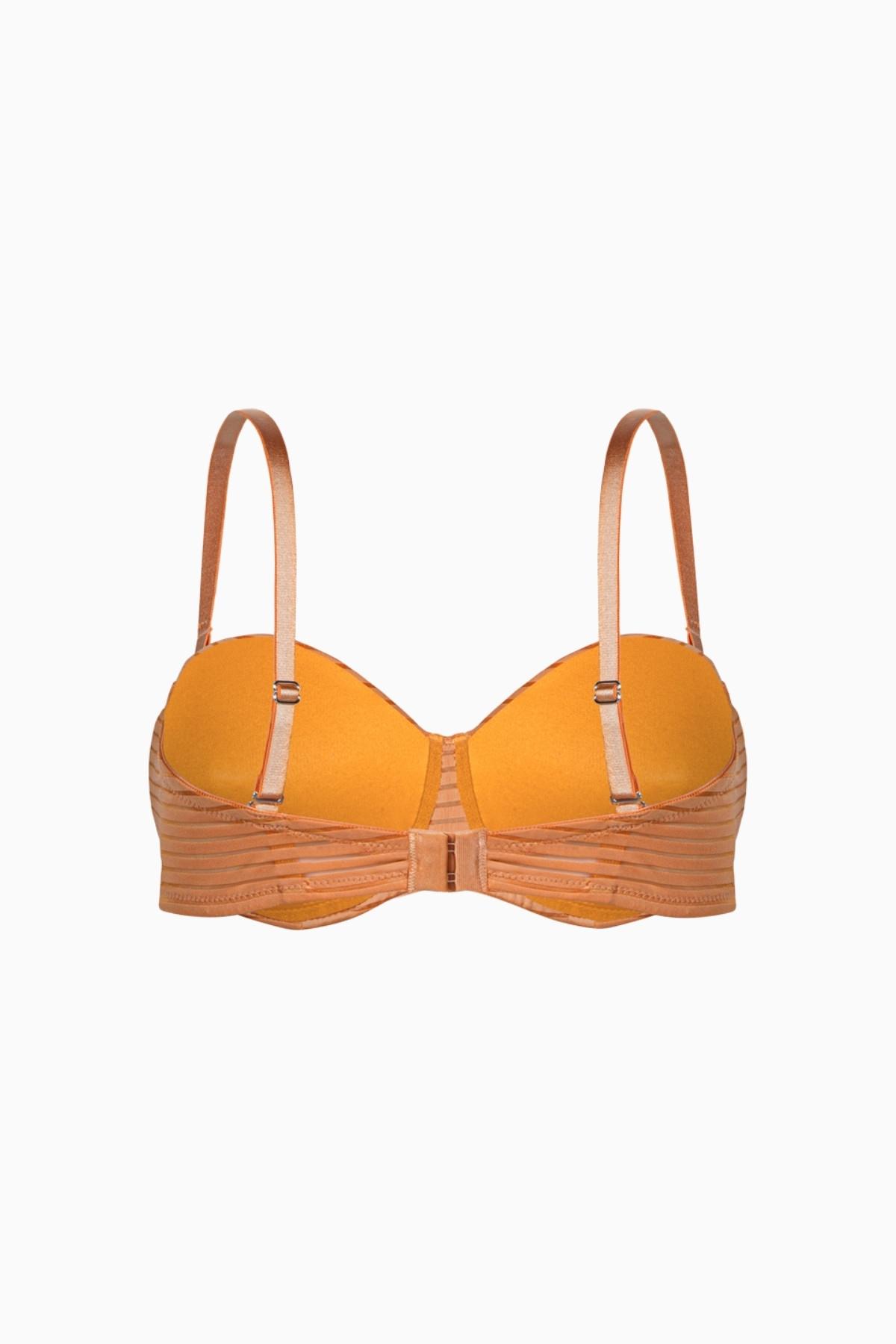 Çizgili Kumaş Straplez Sütyen - Push Up, Dolgulu - 2512 - Hardal