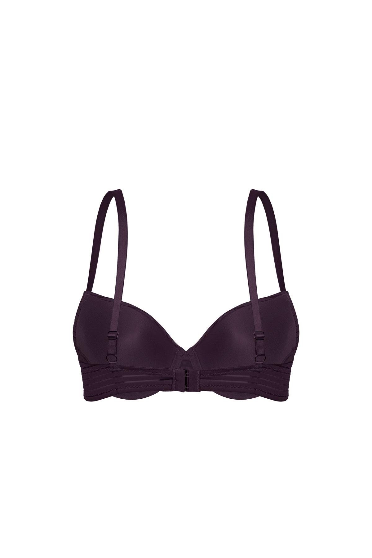 Çizgili Kumaş Sütyen - Push Up, Dolgulu, Balenli - 2514 - Acı Kahve