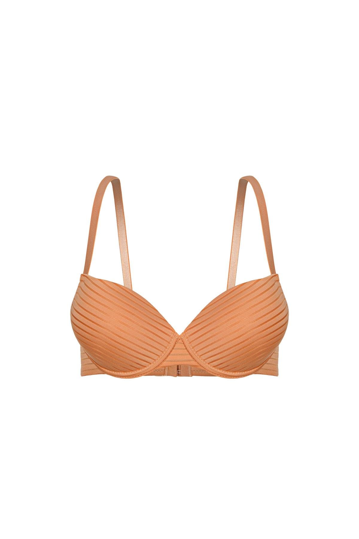 Çizgili Kumaş Sütyen - Push Up, Dolgulu, Balenli - 2514 - Hardal