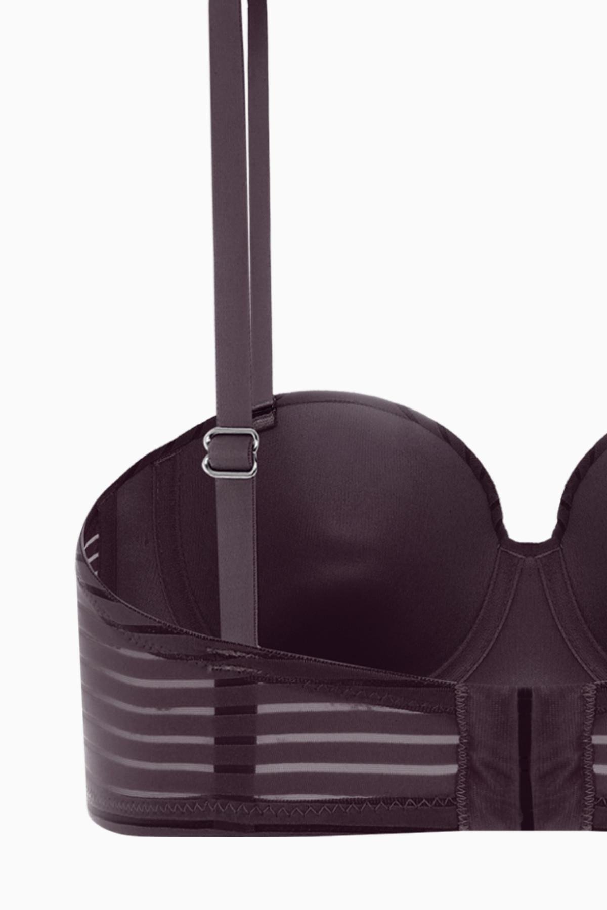 Çizgili Straplez Sütyen  - Push Up, Dolgulu, Balenli, Bütün Kap - 2516 - Acı Kahve