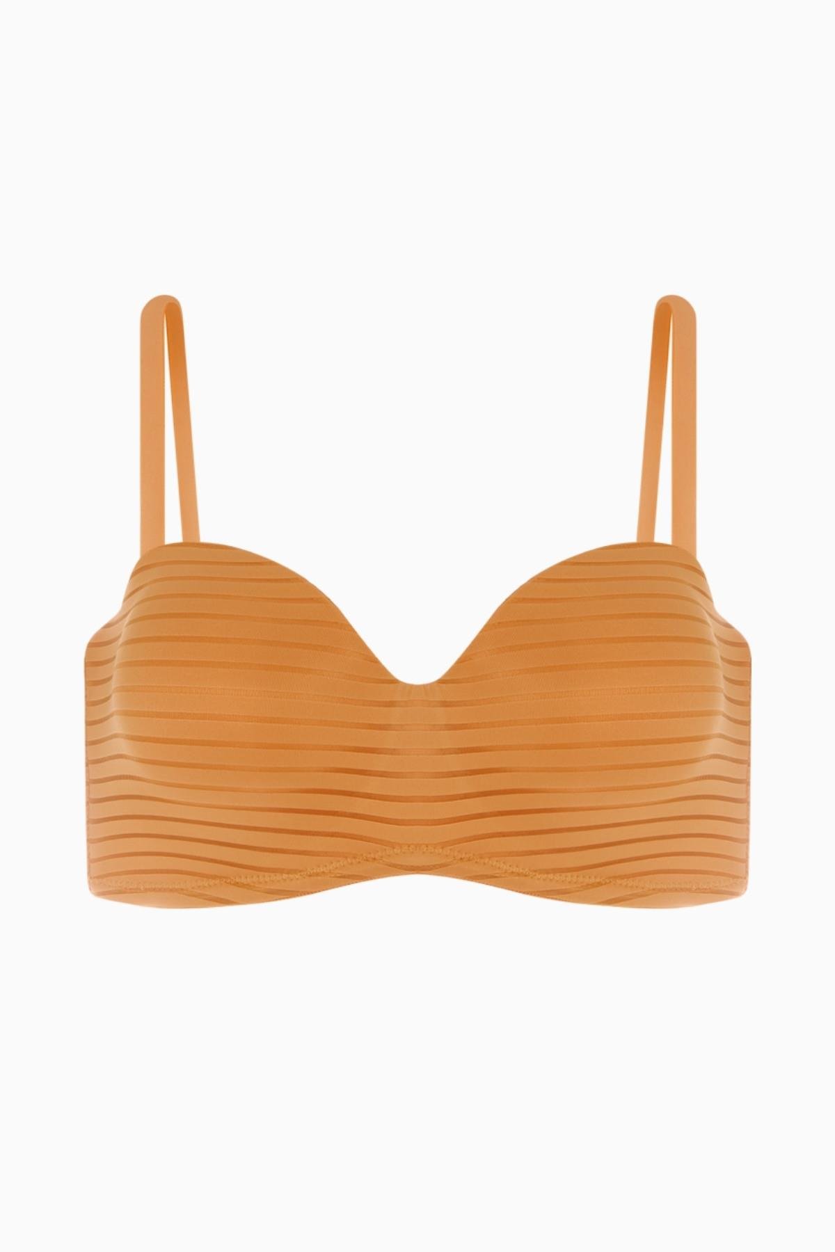 Çizgili Straplez Sütyen  - Push Up, Dolgulu, Balenli, Bütün Kap - 2516 - Hardal