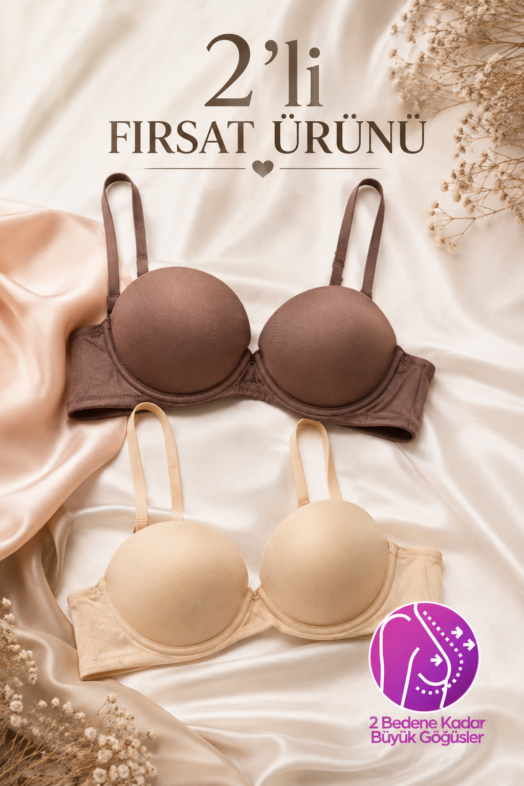 2'li Ekstra Dolgulu Double Push-Up Sütyen – Tak-Çıkar Askılı, Mikro Kumaş