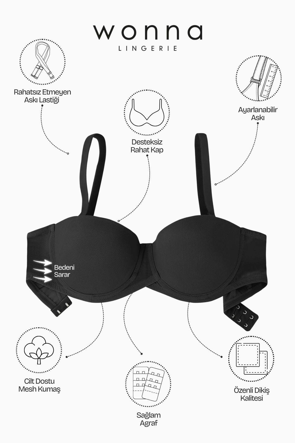 Anka Mesh Kumaş Straplez Sütyen - Desteksiz -  Premium Basic - 2228 - Siyah