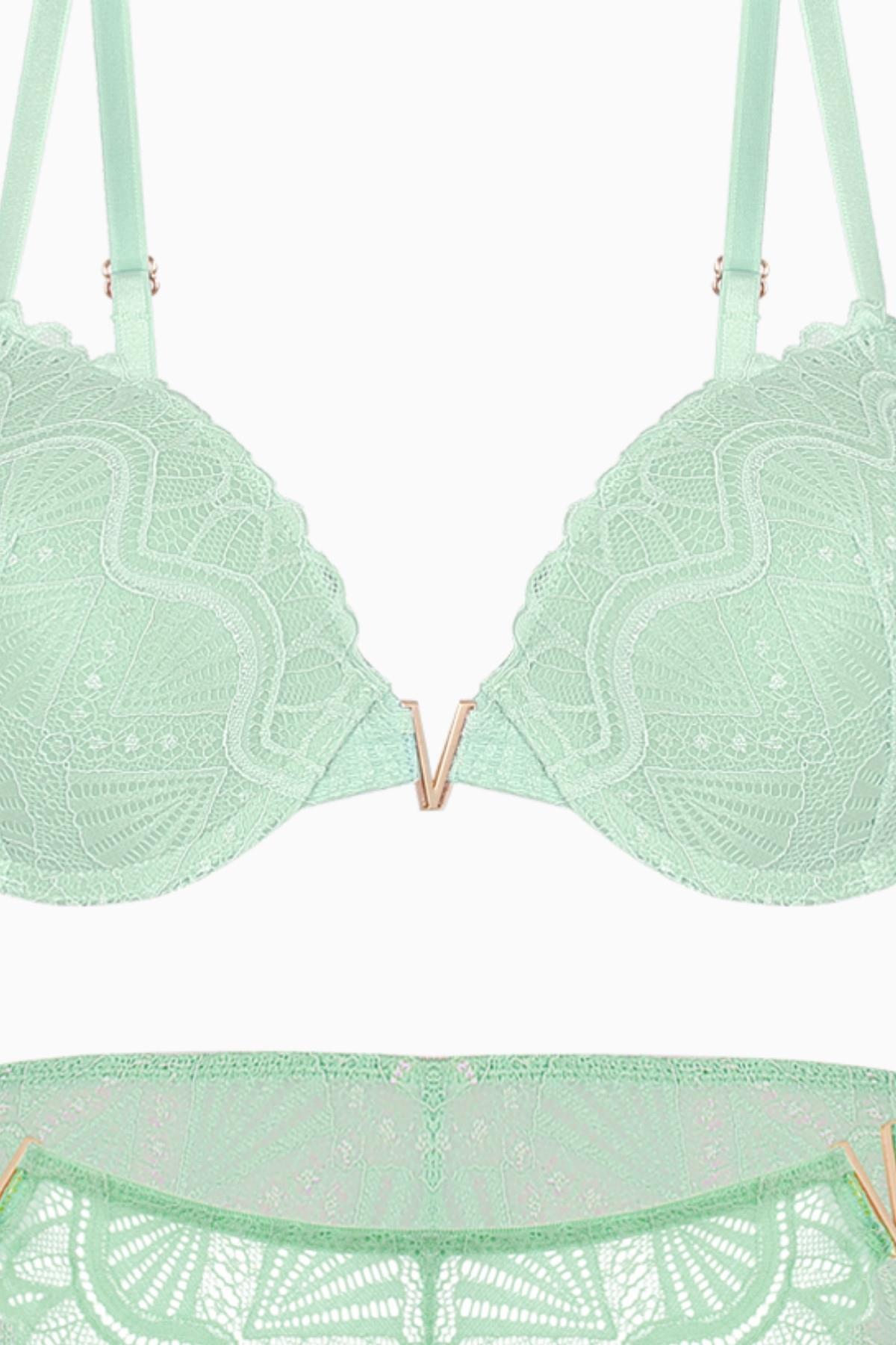 Anna Gold Aksesuarlı Dantelli Sütyen Külot Takım - Push Up - 2568 - Açık Yeşil