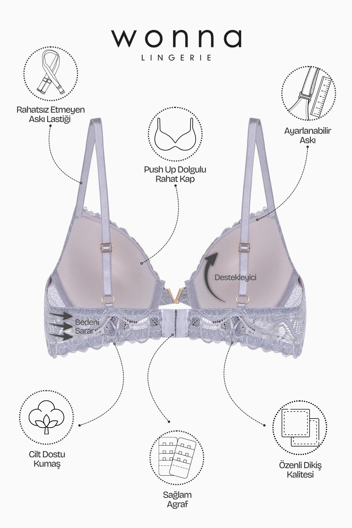 Anna Gold Detaylı Dantelli Sütyen - Push Up - 2568 - Gri