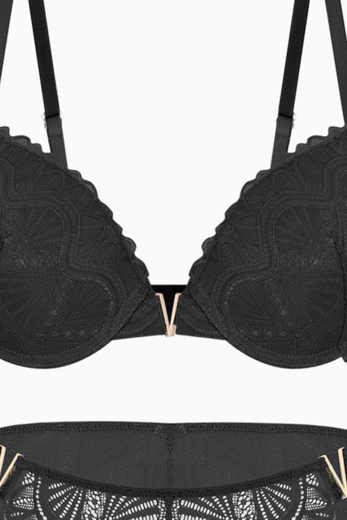 Anna Gold Aksesuarlı Dantelli Sütyen Külot Takım - Push Up - 2568 - Siyah