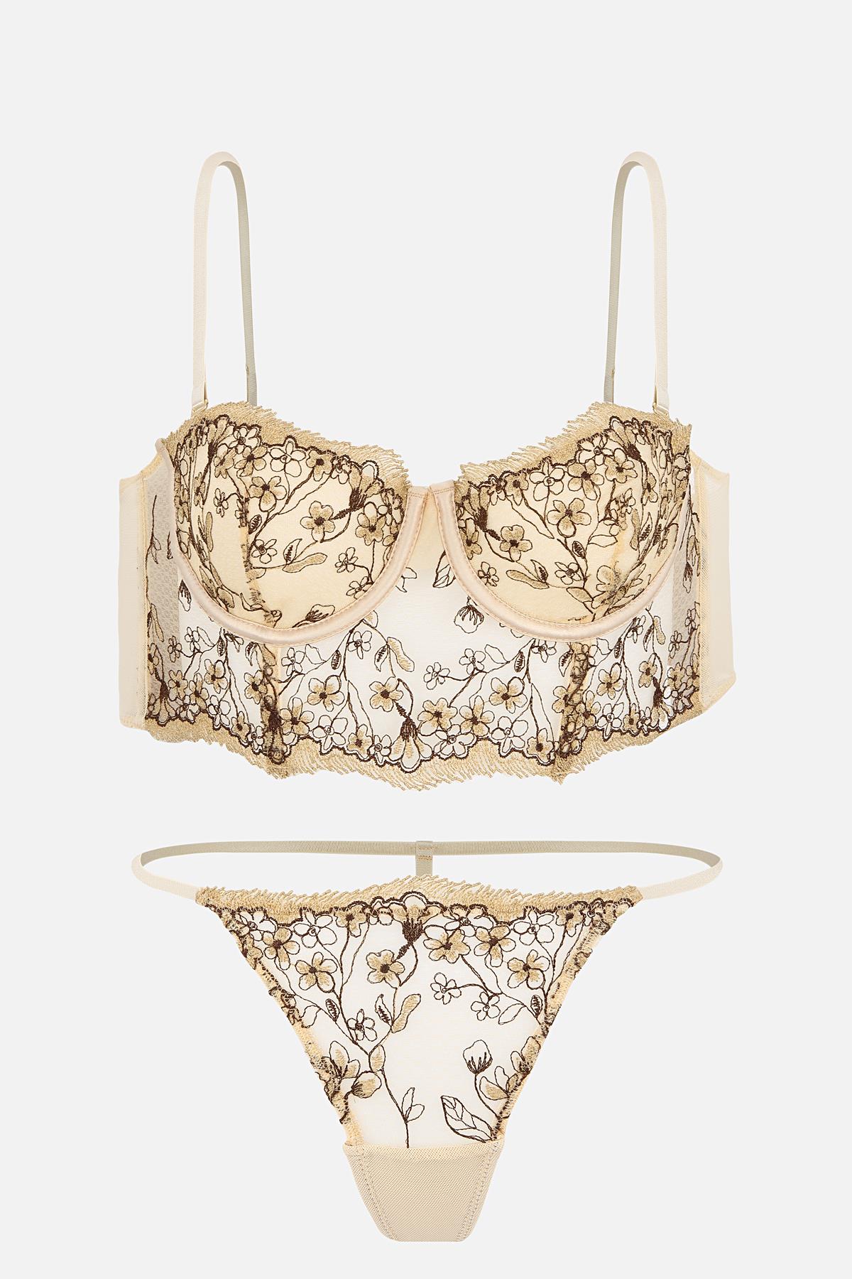 Brodeli Bralet Külot Takım - Kapsız - Fashion - 2714 - Ten