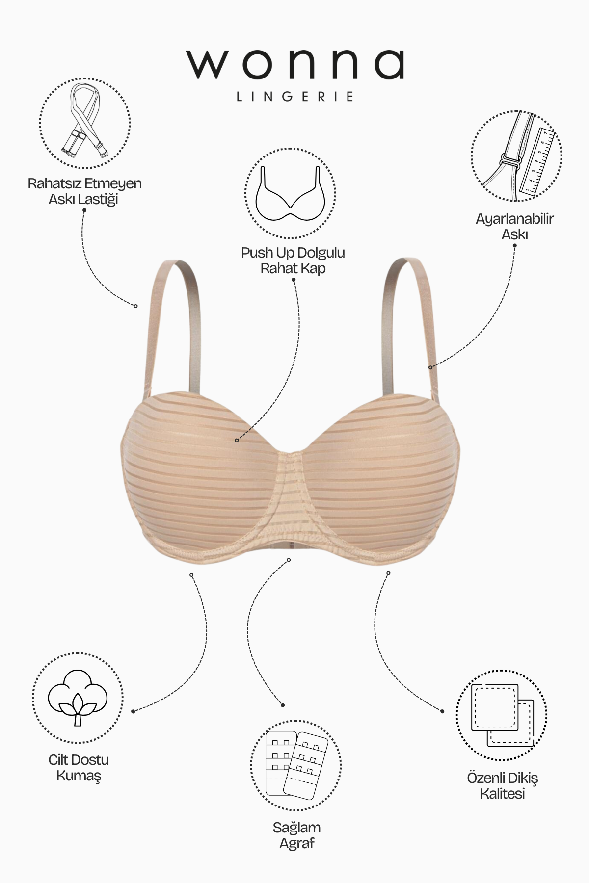 Çizgili Kumaş Straplez Sütyen - Push Up, Dolgulu - 2512 - Açık Kahve