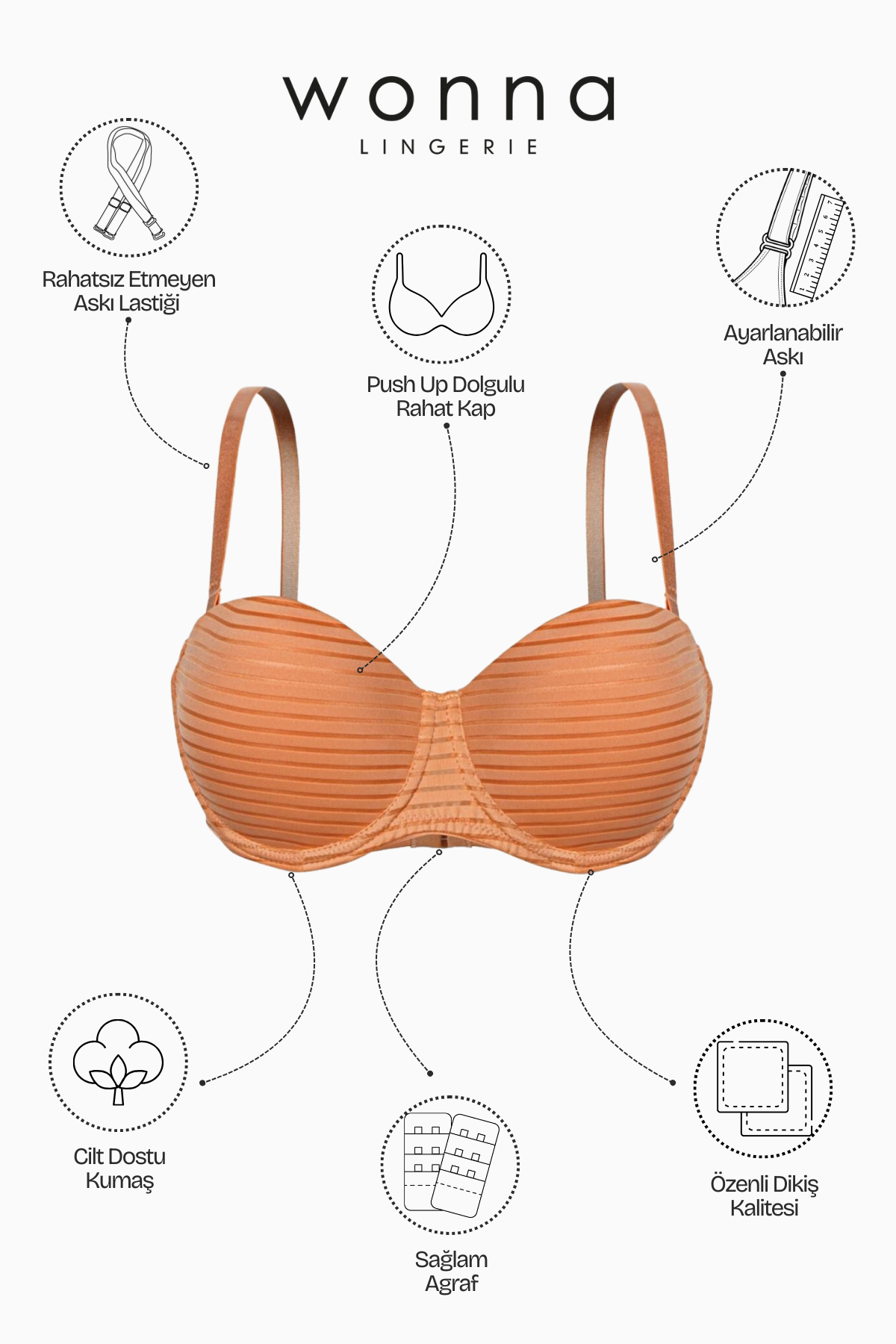 Çizgili Kumaş Straplez Sütyen - Push Up, Dolgulu - 2512 - Hardal