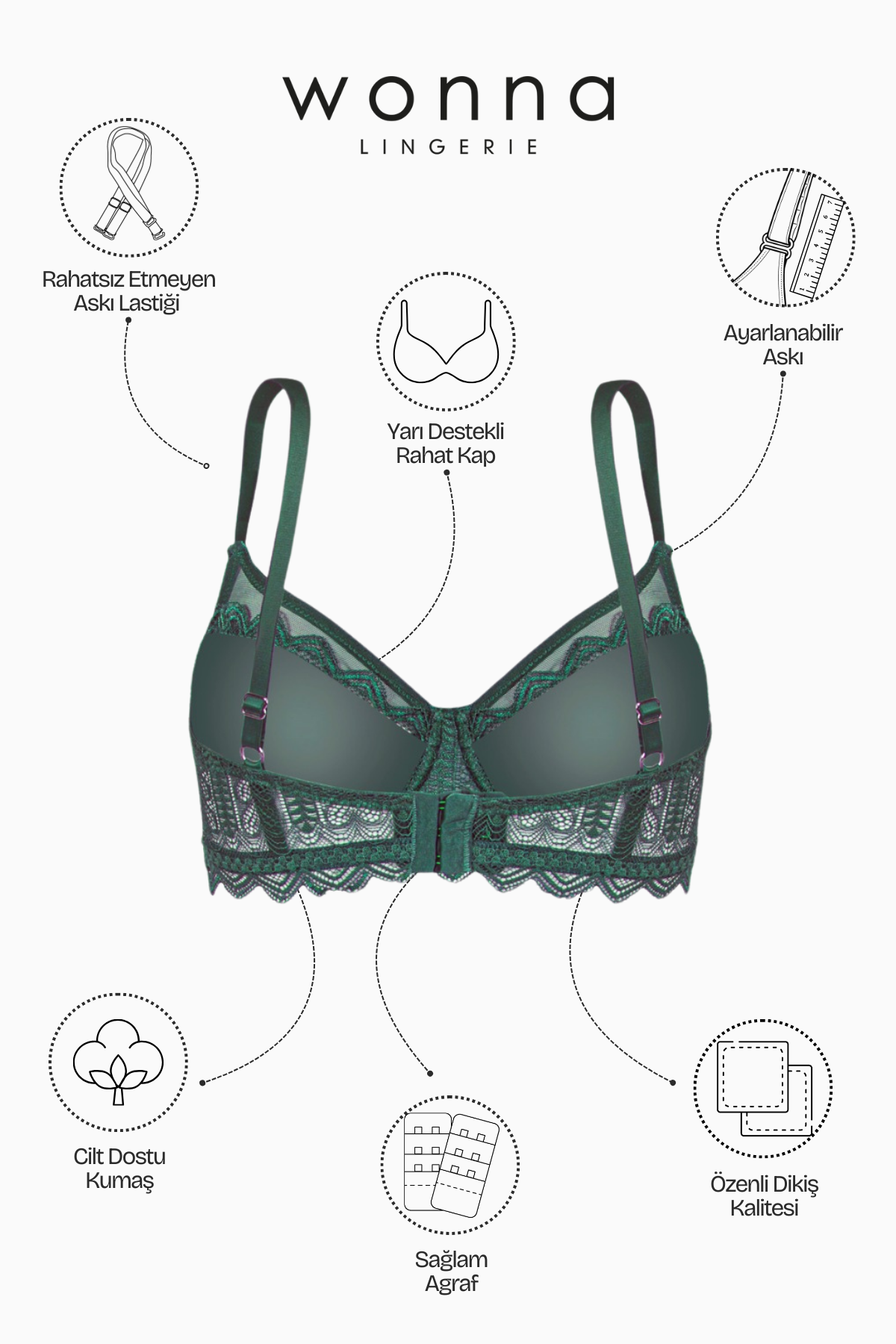 Dantelli Minimizer Sütyen - Yarı Sünger Destekli, Balenli - Fashion - 2483 - Yeşil