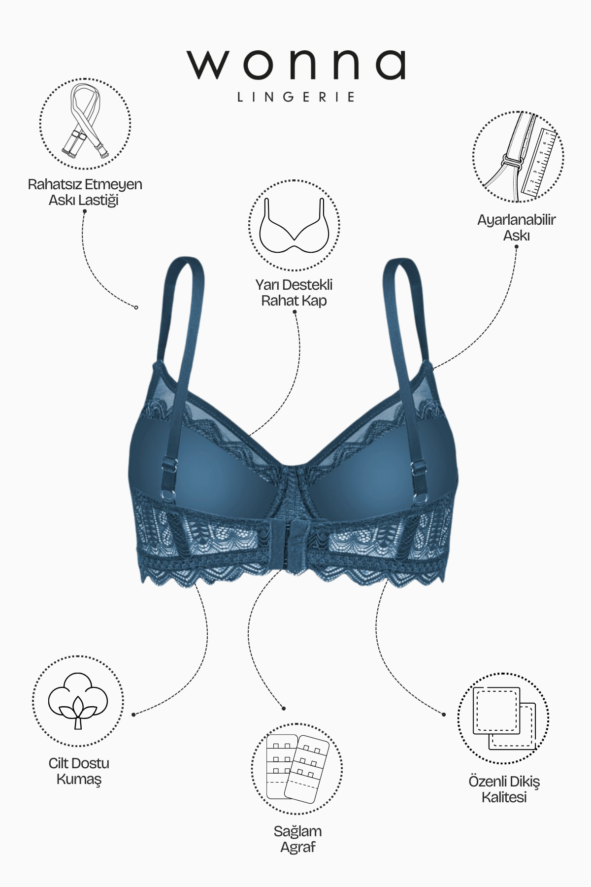 Dantelli Minimizer Sütyen  - Yarı Sünger Destekli, Balenli - Fashion - 2483 - Mavi