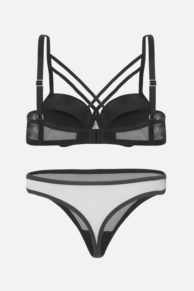 Desire Tül Detaylı Sütyen Külot Takım - Push Up Dolgulu, Balenli - 2489 - Siyah