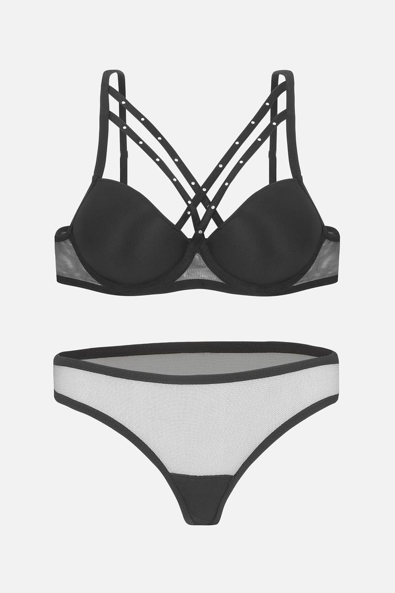 Desire Tül Detaylı Sütyen Külot Takım - Push Up Dolgulu, Balenli - 2489 - Siyah