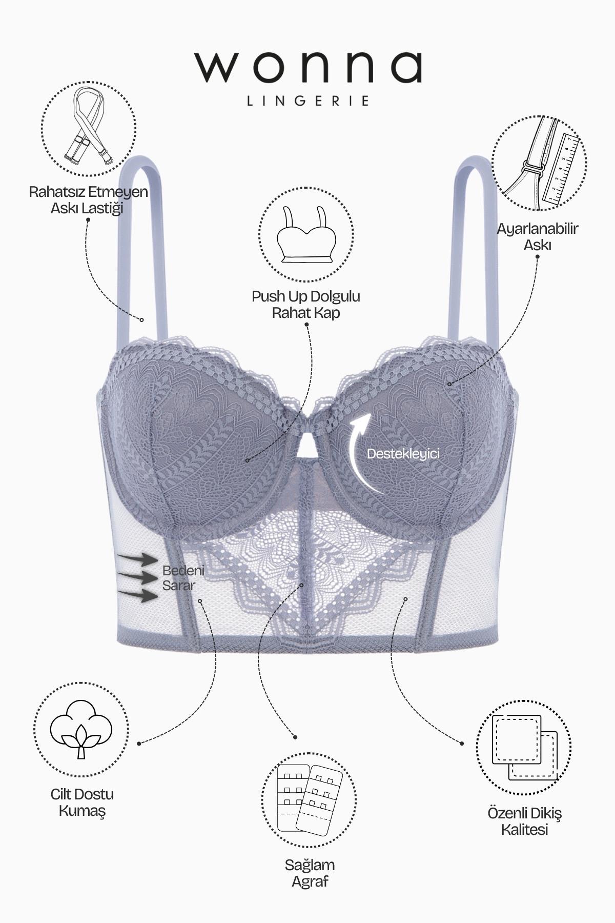Rosali Dantelli Büstiyer Sütyen Külot Takım - Soft Push Up, Dolgulu - Fashion - 2501 - Gri