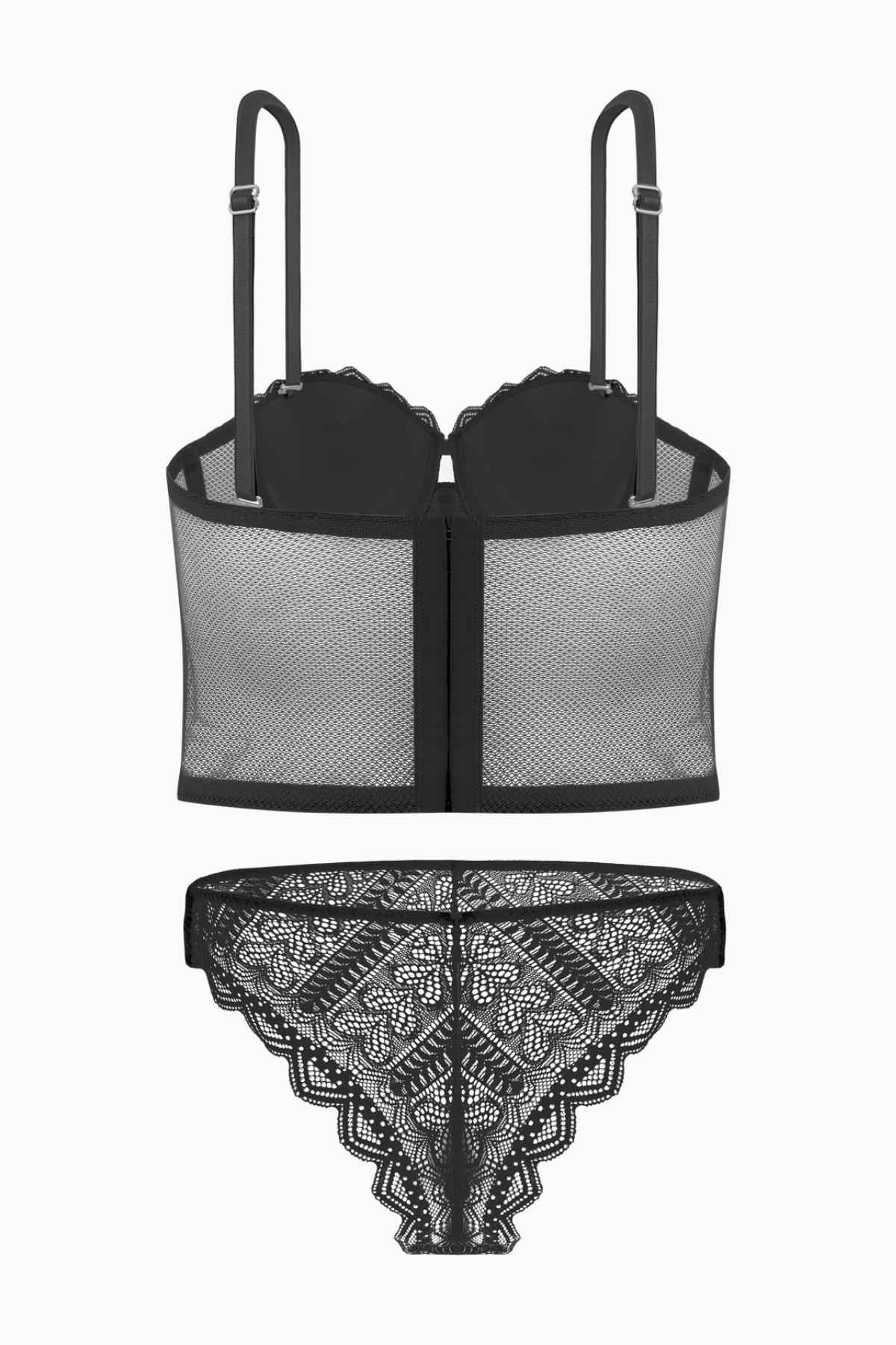 Rosali Dantelli Büstiyer Sütyen Külot Takım - Soft Push Up, Dolgulu - Fashion - 2501 - Siyah