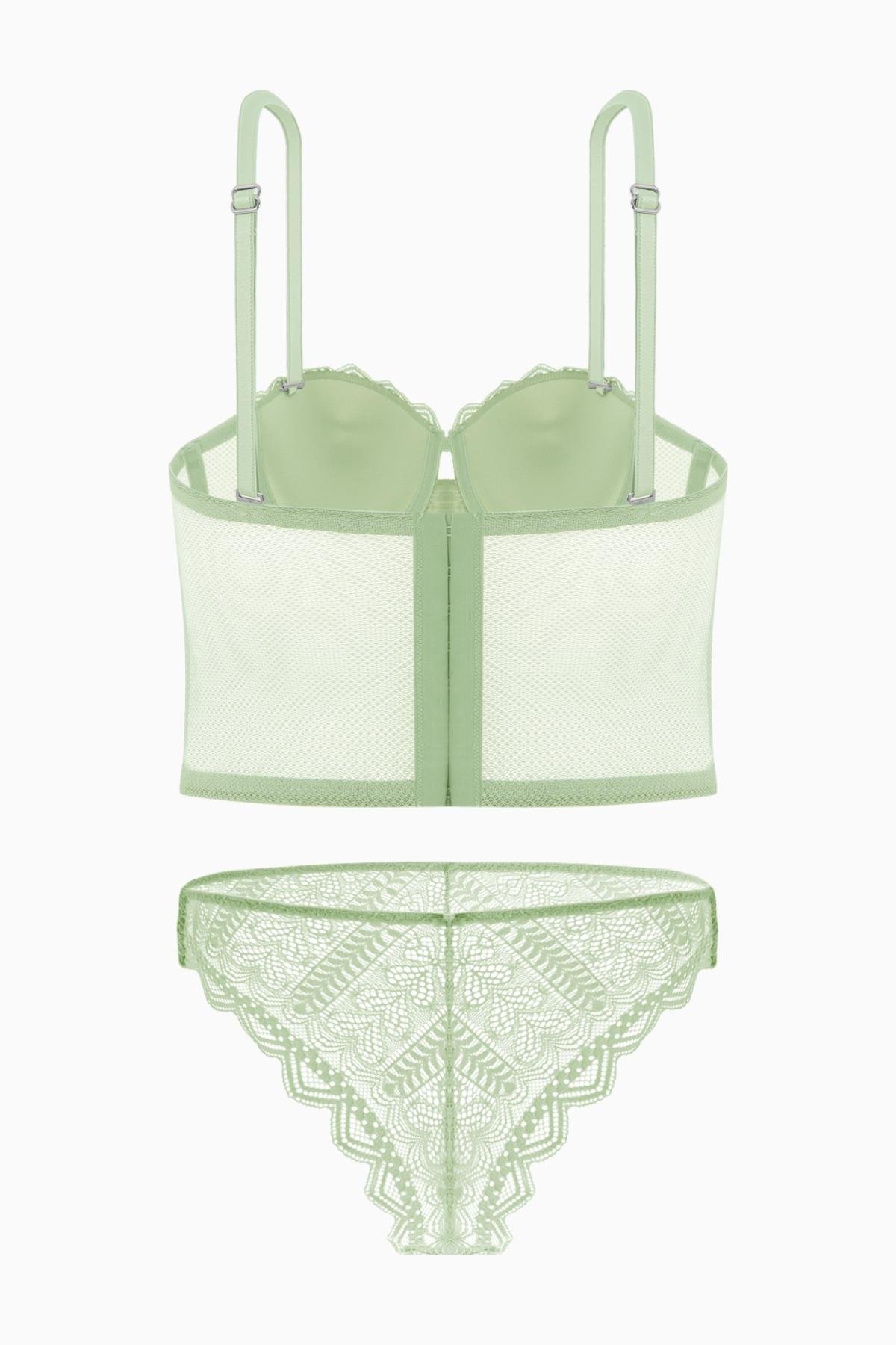 Rosali Dantelli Büstiyer Sütyen Külot Takım - Soft Push Up, Dolgulu - Fashion - 2501 - Yeşil