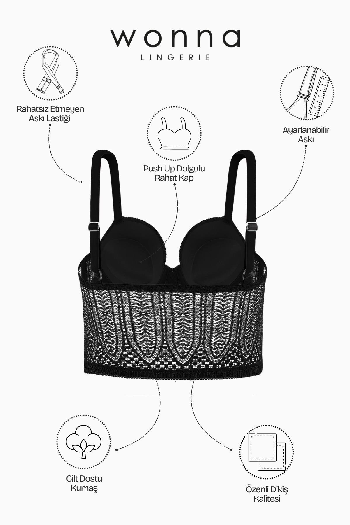 Noa Dantelli Büstiyer Sütyen Külot Takım - Push Up, Dolgulu - Fashion - 2509 - Siyah