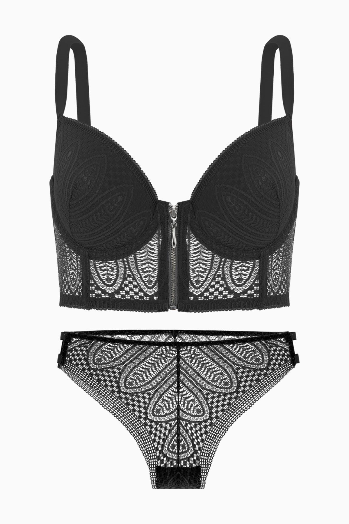 Noa Dantelli Büstiyer Sütyen Külot Takım - Push Up, Dolgulu - Fashion - 2509 - Siyah