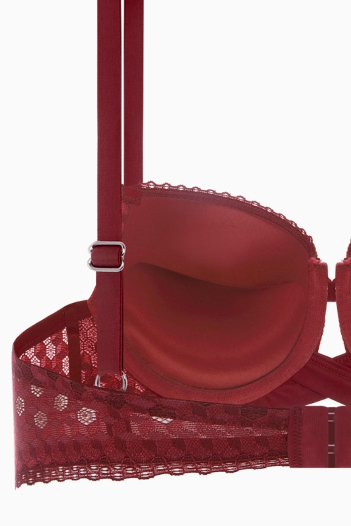 Çapraz Lastik Detaylı Dantelli Dekolte Sütyen - Double Push Up - Fashion - 2510 - Bordo