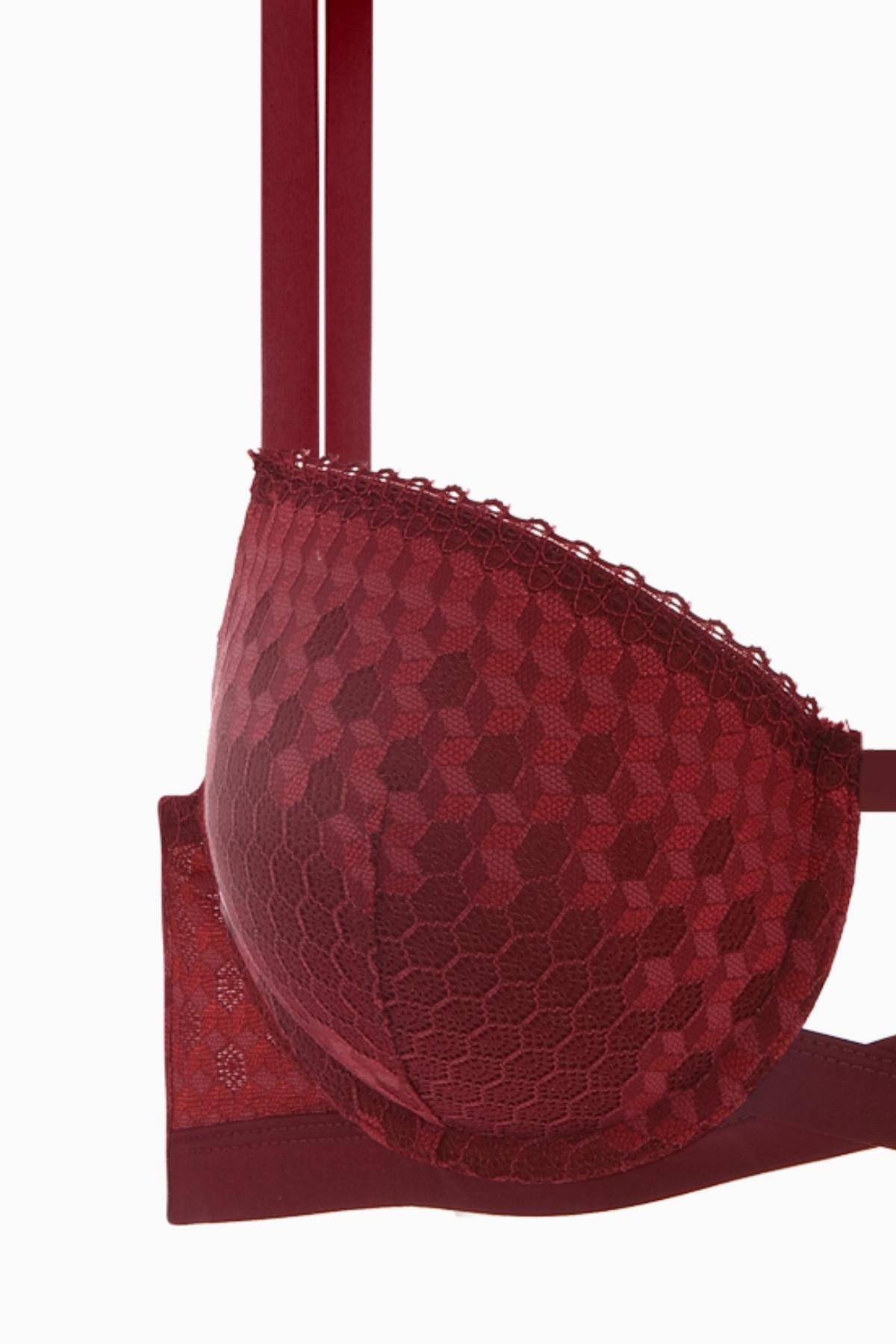 Çapraz Lastik Detaylı Dantelli Dekolte Sütyen - Double Push Up - Fashion - 2510 - Bordo