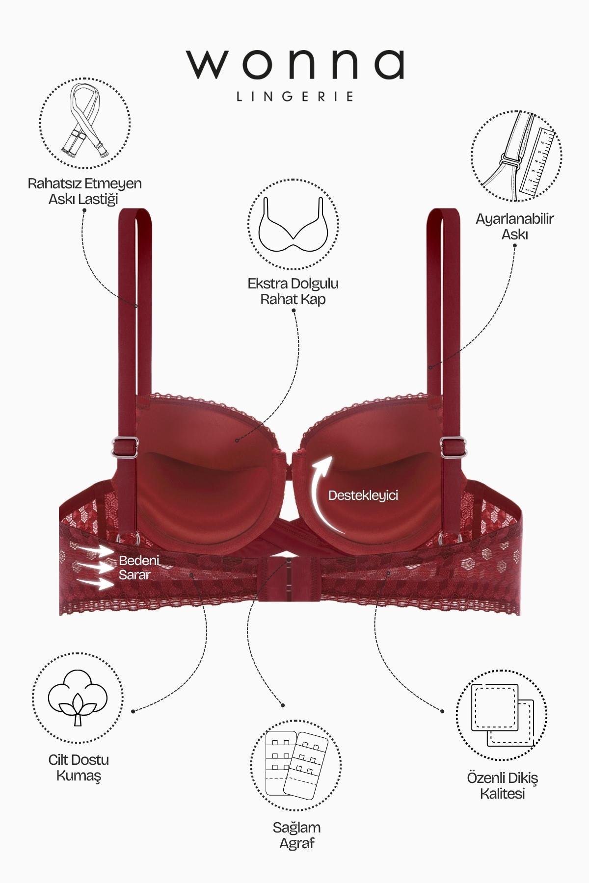 Çapraz Lastik Detaylı Dantelli Dekolte Sütyen - Double Push Up - Fashion - 2510 - Bordo