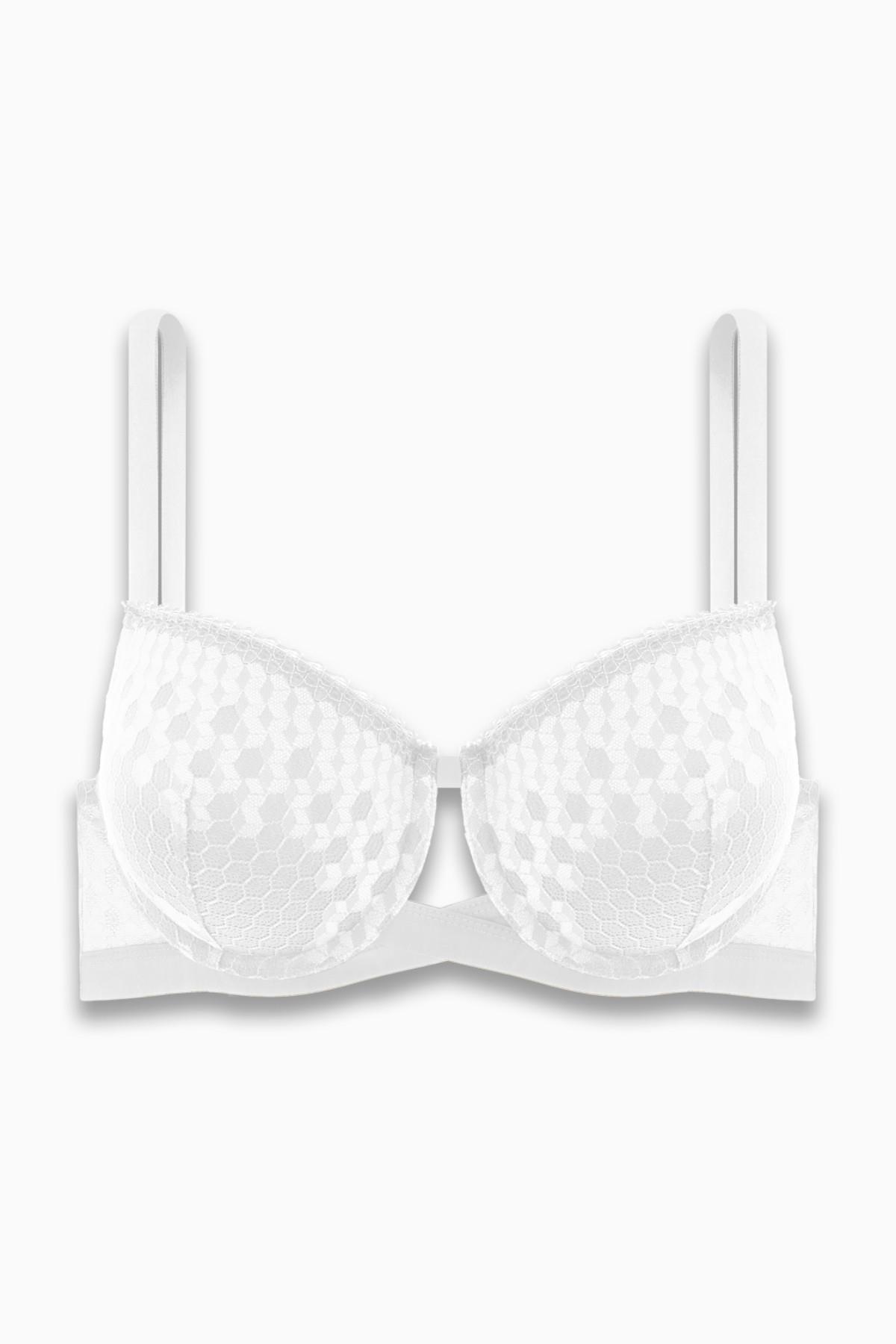 Çapraz Lastik Detaylı Dantelli Dekolte Sütyen - Double Push Up - Fashion - 2510 - Ekru