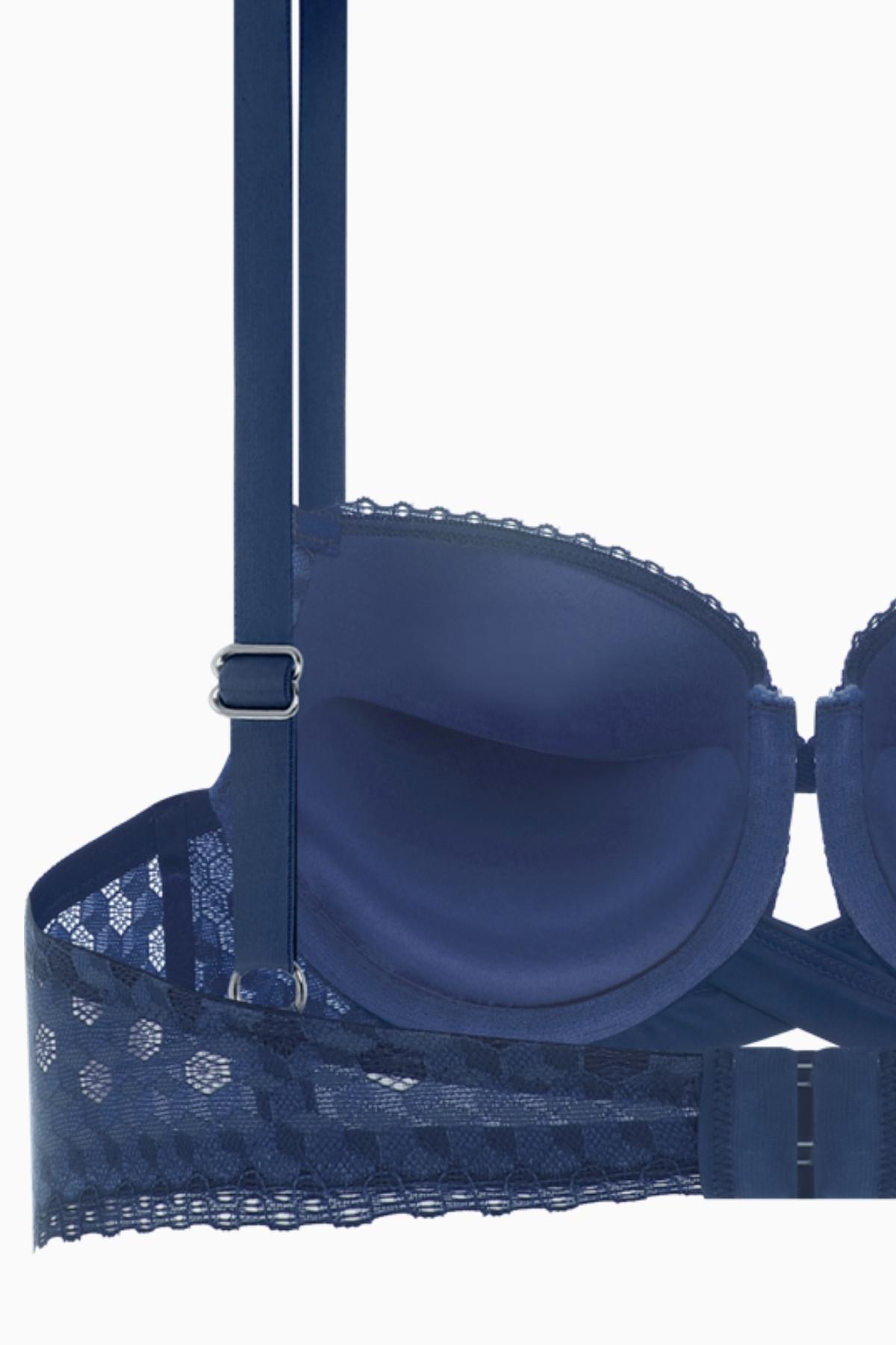 Çapraz Lastik Detaylı Dantelli Dekolte Sütyen - Double Push Up - Fashion - 2510 - Mavi