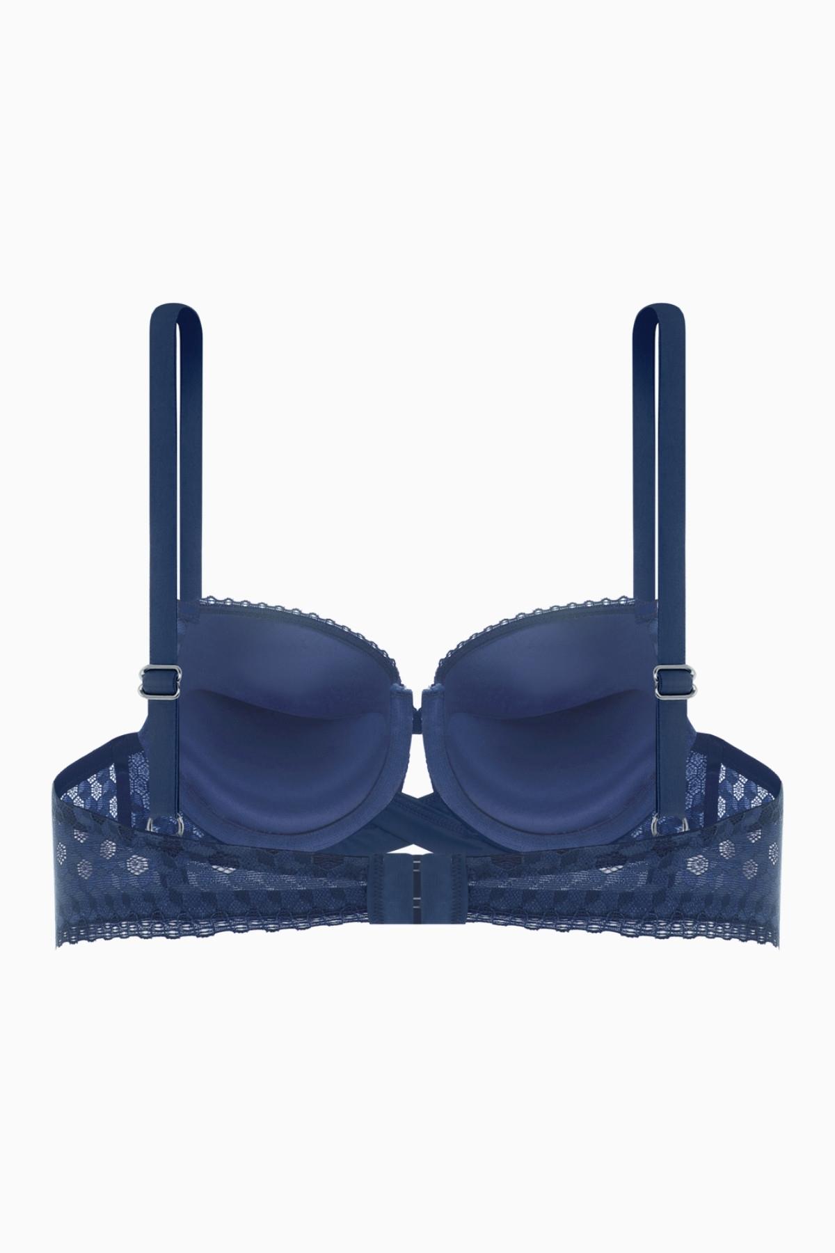 Çapraz Lastik Detaylı Dantelli Dekolte Sütyen - Double Push Up - Fashion - 2510 - Mavi