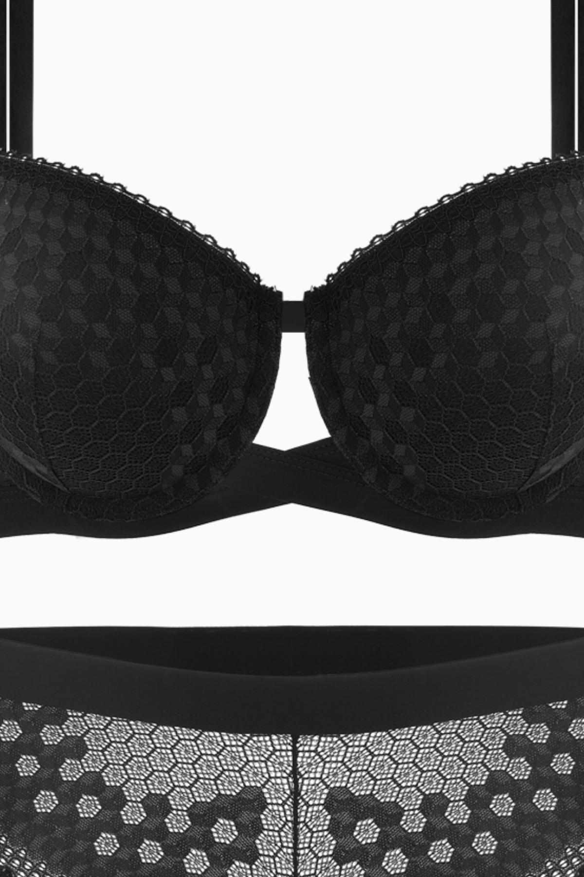 Çapraz Lastik Detaylı Dantelli Dekolte Sütyen Külot Takım - Dolgulu - Fashion - 2510 - Siyah