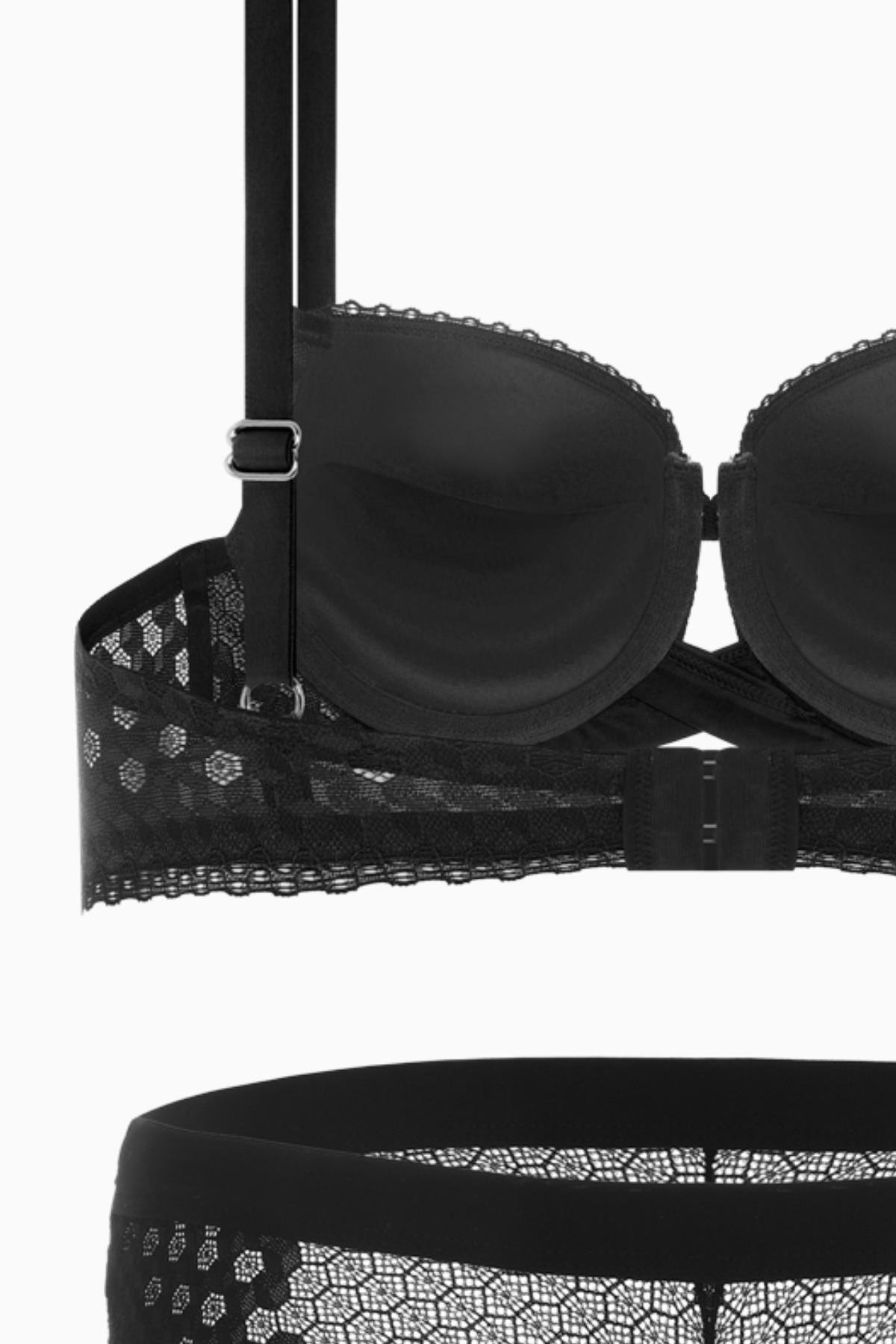 Çapraz Lastik Detaylı Dantelli Dekolte Sütyen Külot Takım - Dolgulu - Fashion - 2510 - Siyah