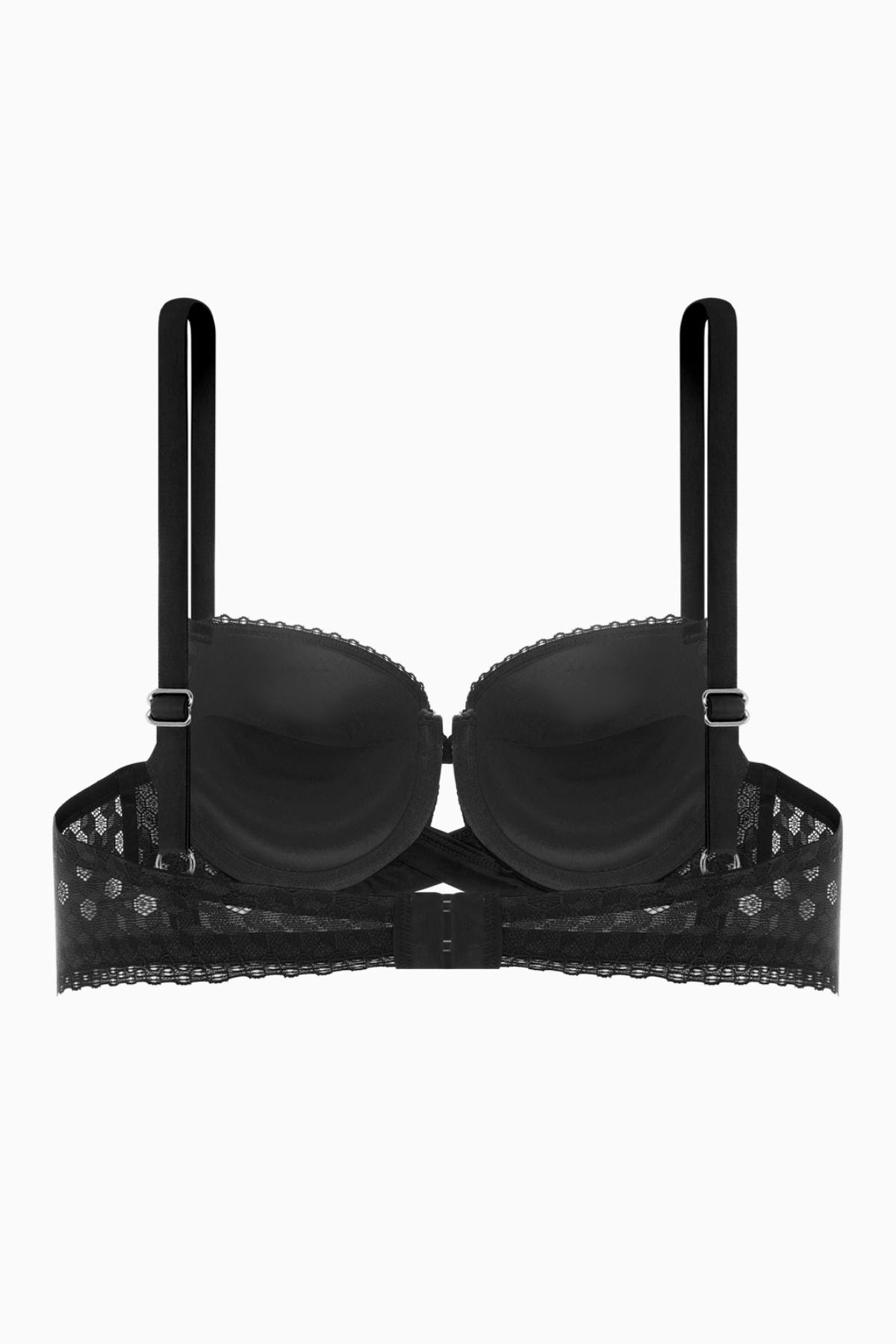 Çapraz Lastik Detaylı Dantelli Dekolte Sütyen - Double Push Up - Fashion - 2510 - Siyah